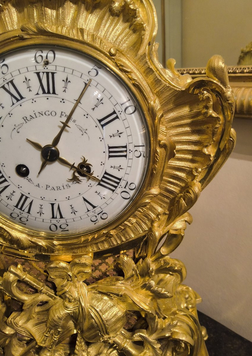 Louis XV Rocaille Style Gilt Bronze Console Clock Signed Raingo Fréres, 19th Century-photo-3