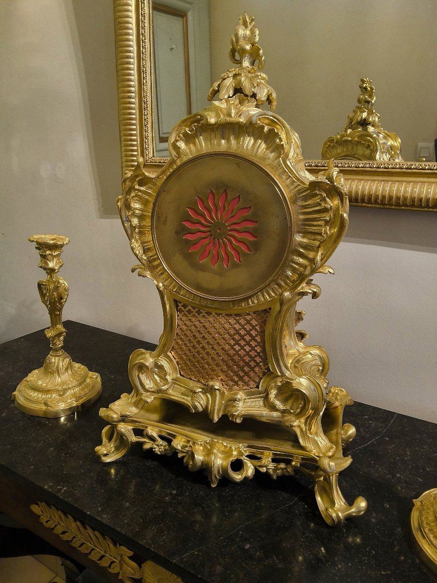 Louis XV Rocaille Style Gilt Bronze Console Clock Signed Raingo Fréres, 19th Century-photo-5