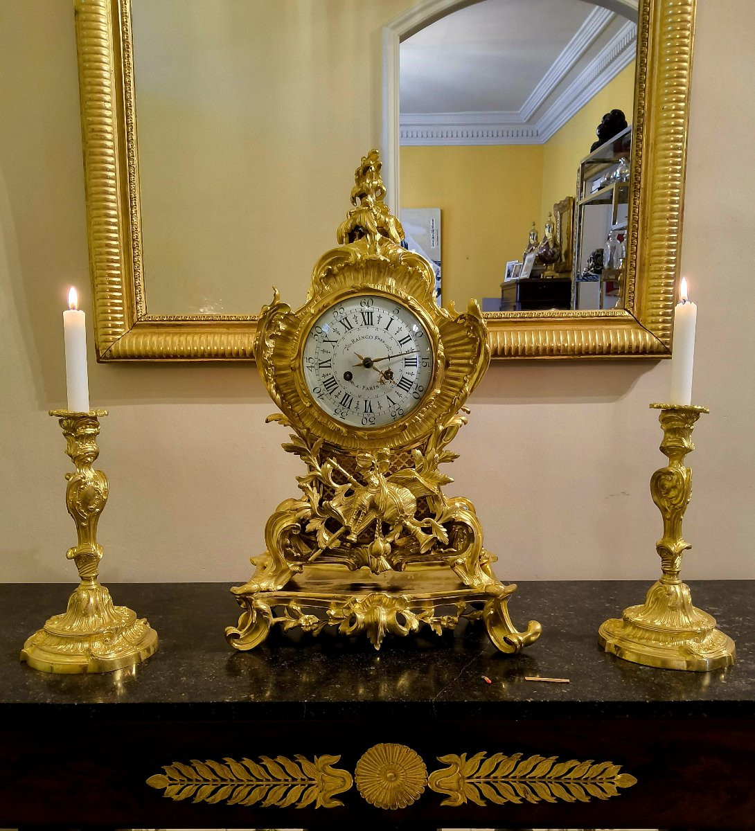 Louis XV Rocaille Style Gilt Bronze Console Clock Signed Raingo Fréres, 19th Century-photo-8