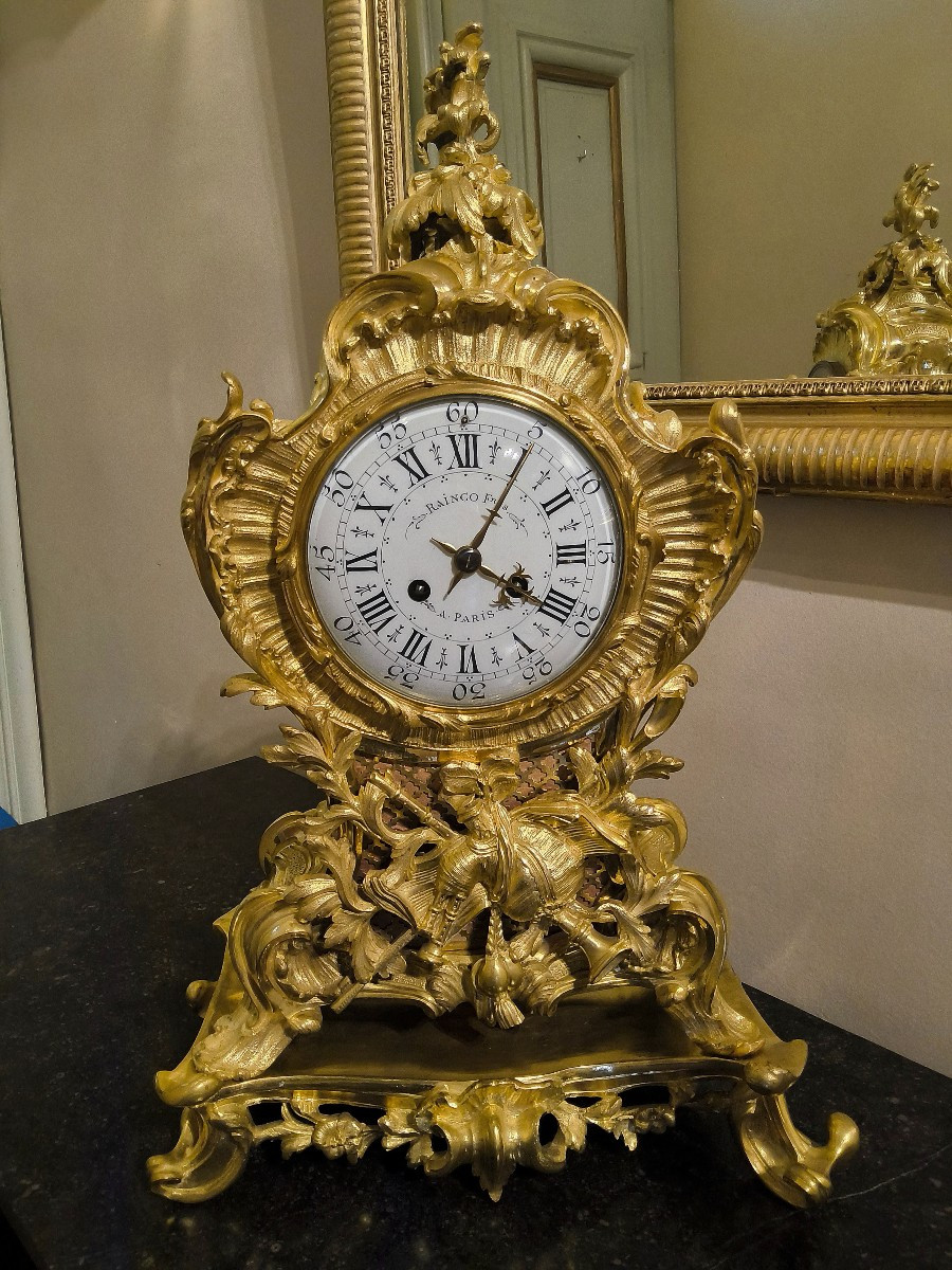 Louis XV Rocaille Style Gilt Bronze Console Clock Signed Raingo Fréres, 19th Century