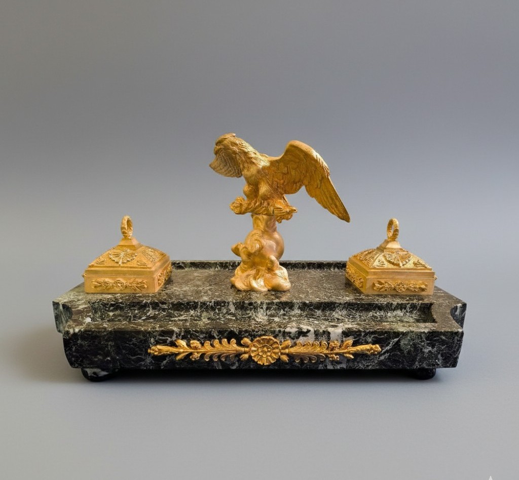 Encrier à l'Aigle impériale à Godets en Bronzes dorés, Marbre Vert, sculp. Pinèdo XIXéme siécle