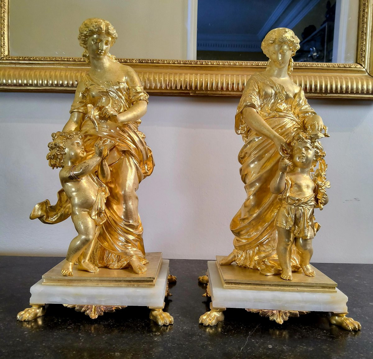 Paire de Sculptures en Bronzes dorés "Allégorie du Printemps" Sign.Moreau XIXéme-photo-2