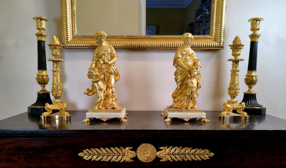 Paire de Sculptures en Bronzes dorés "Allégorie du Printemps" Sign.Moreau XIXéme-photo-3
