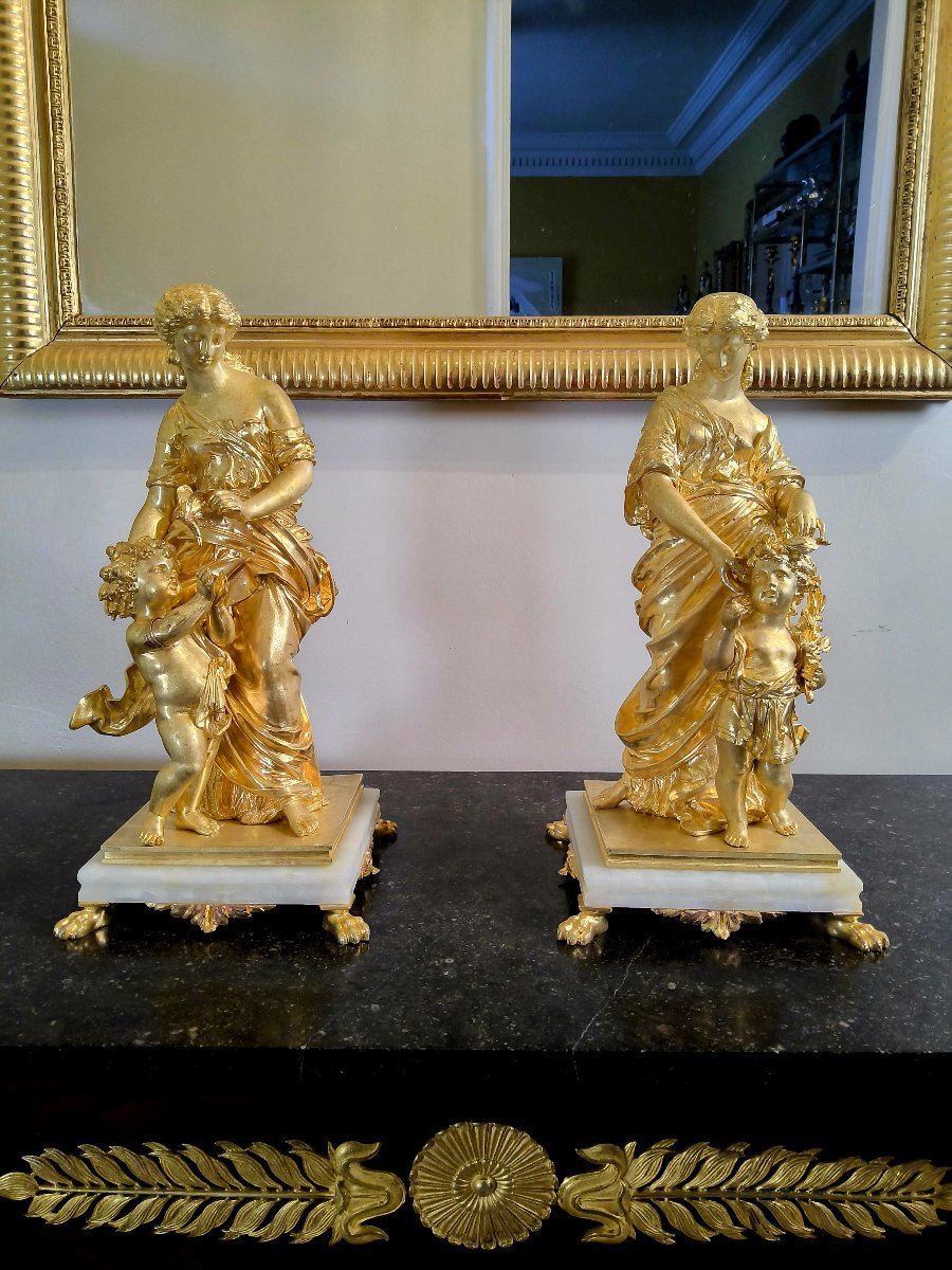 Paire de Sculptures en Bronzes dorés "Allégorie du Printemps" Sign.Moreau XIXéme-photo-4