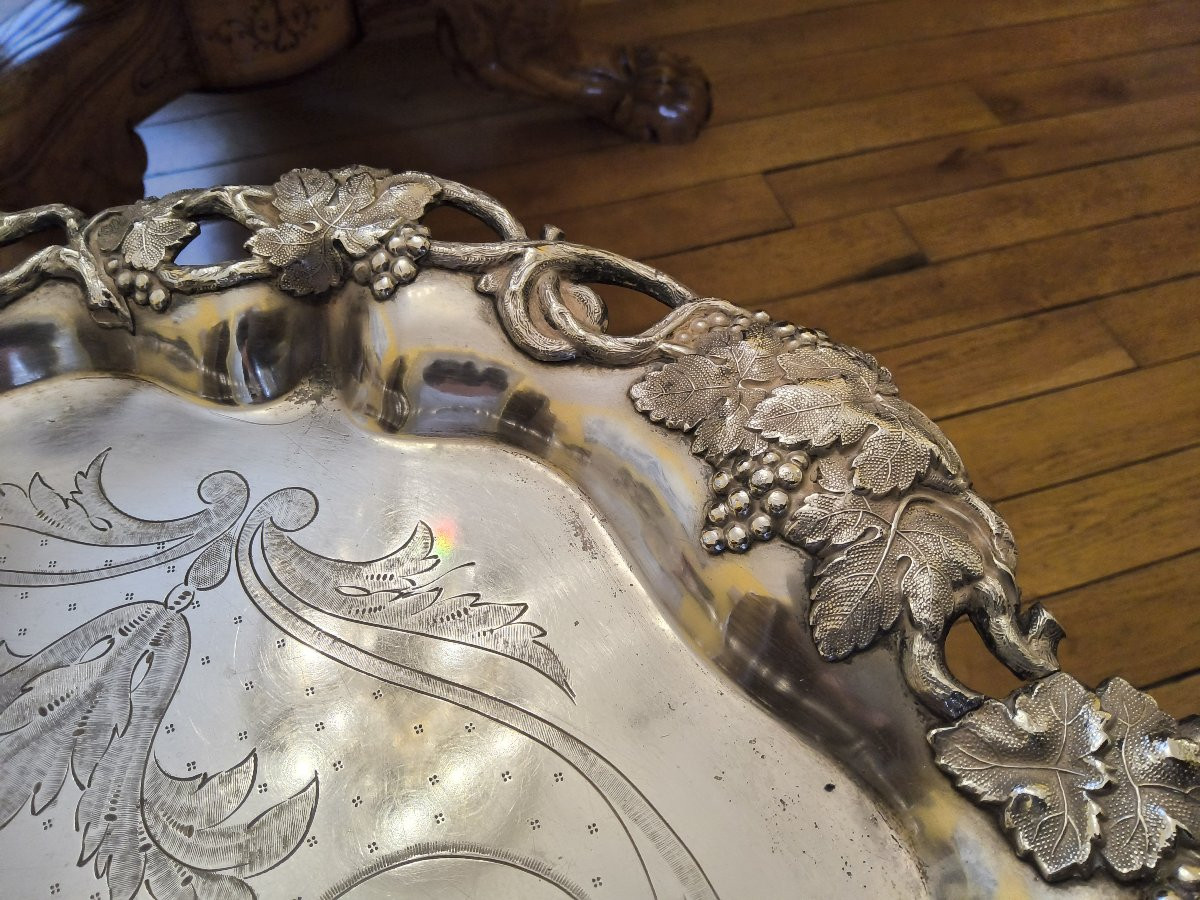 Grand plateau Centre de Table en métal Argenté Armoiries Comtales style Louis XV XIXéme.-photo-3