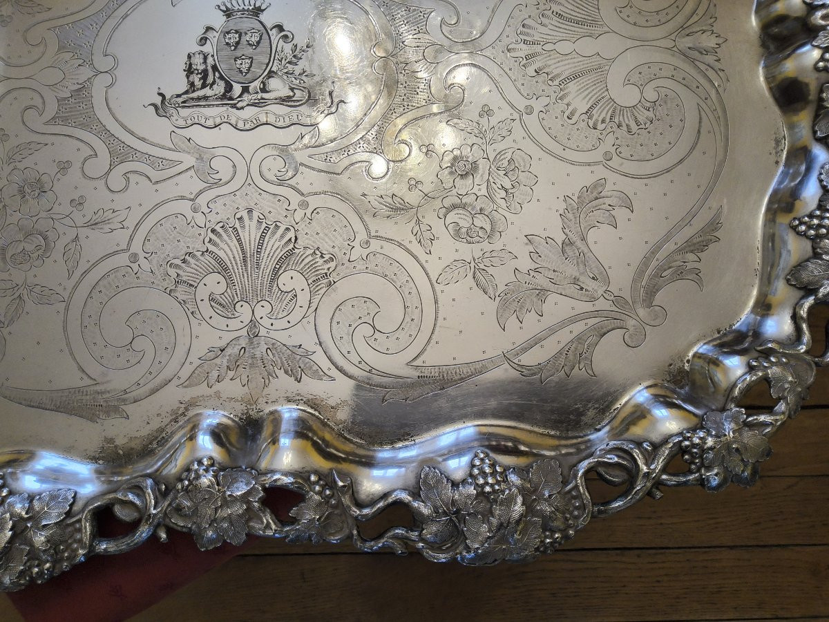 Grand plateau Centre de Table en métal Argenté Armoiries Comtales style Louis XV XIXéme.-photo-5