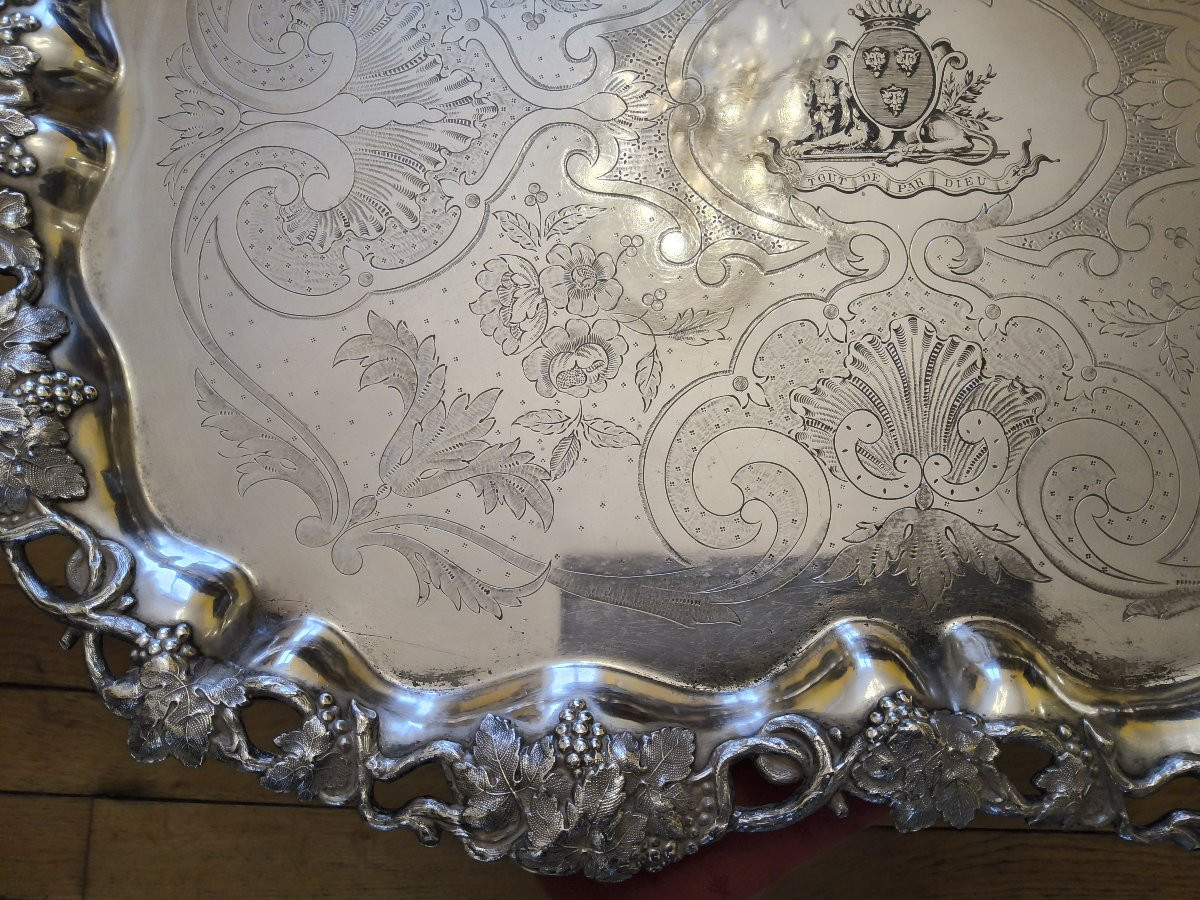 Grand plateau Centre de Table en métal Argenté Armoiries Comtales style Louis XV XIXéme.-photo-6
