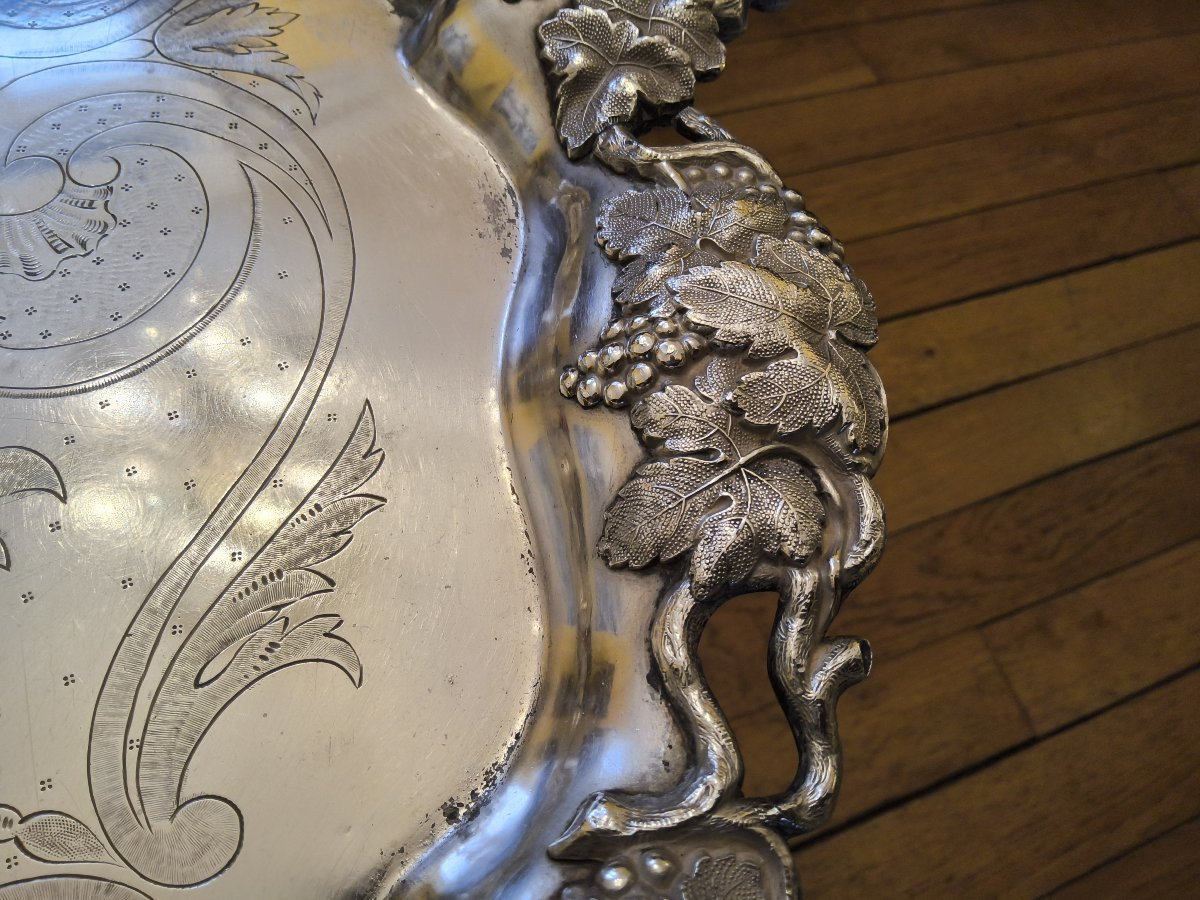 Grand plateau Centre de Table en métal Argenté Armoiries Comtales style Louis XV XIXéme.-photo-8