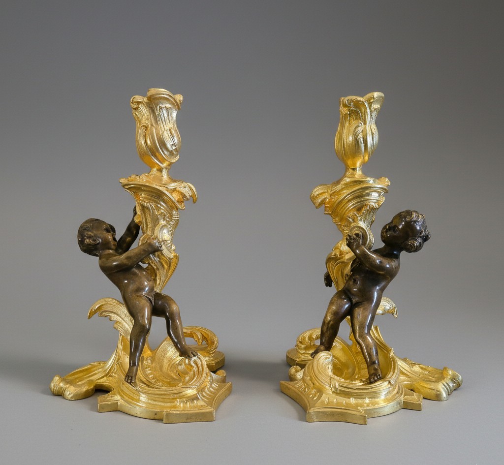 Paire de flambeaux aux putti, style Louis XV, d'après Meissonnier – XIXe siècle