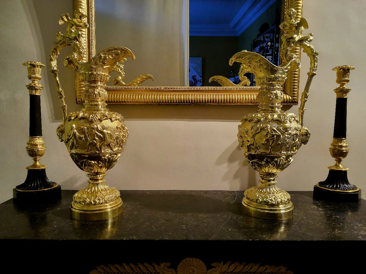 Paire d’Aiguières en Bronzes dorés figurant des scènes bacchanales d’après Clodion fin XIXéme-photo-2