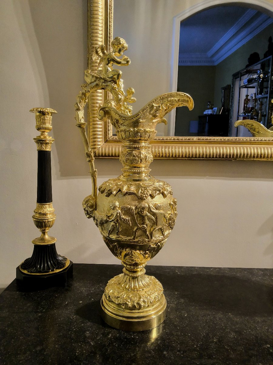 Paire d’Aiguières en Bronzes dorés figurant des scènes bacchanales d’après Clodion fin XIXéme-photo-3