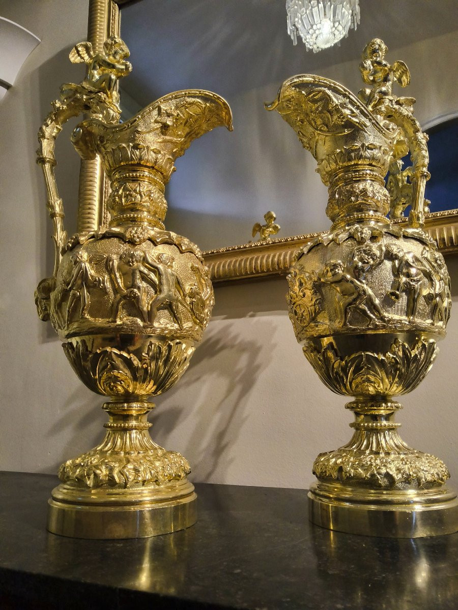 Paire d’Aiguières en Bronzes dorés figurant des scènes bacchanales d’après Clodion fin XIXéme-photo-4