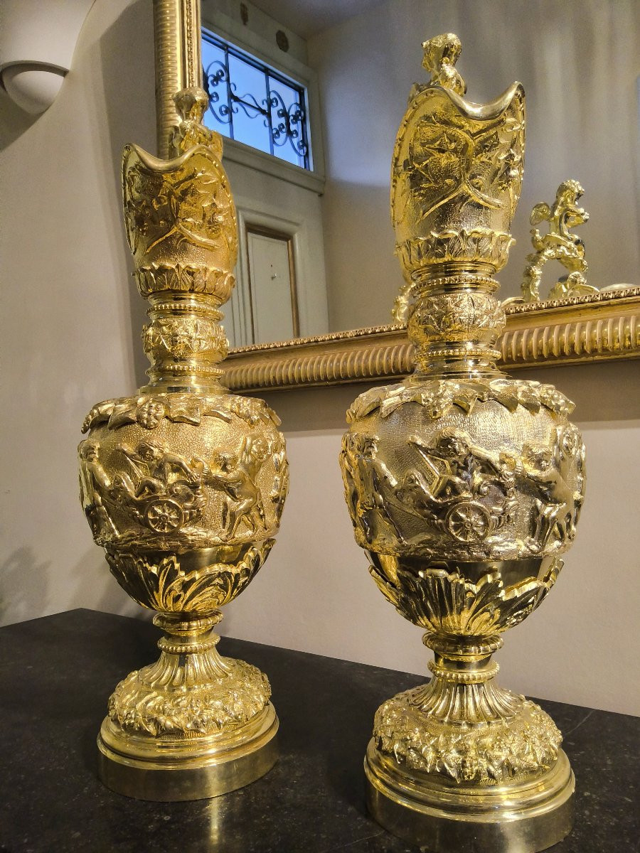 Paire d’Aiguières en Bronzes dorés figurant des scènes bacchanales d’après Clodion fin XIXéme-photo-6