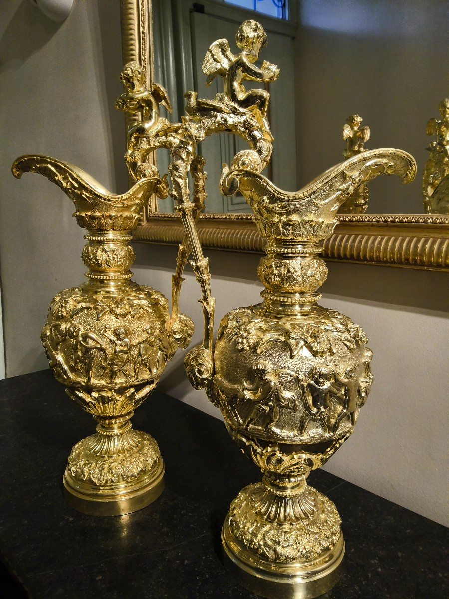 Paire d’Aiguières en Bronzes dorés figurant des scènes bacchanales d’après Clodion fin XIXéme-photo-5