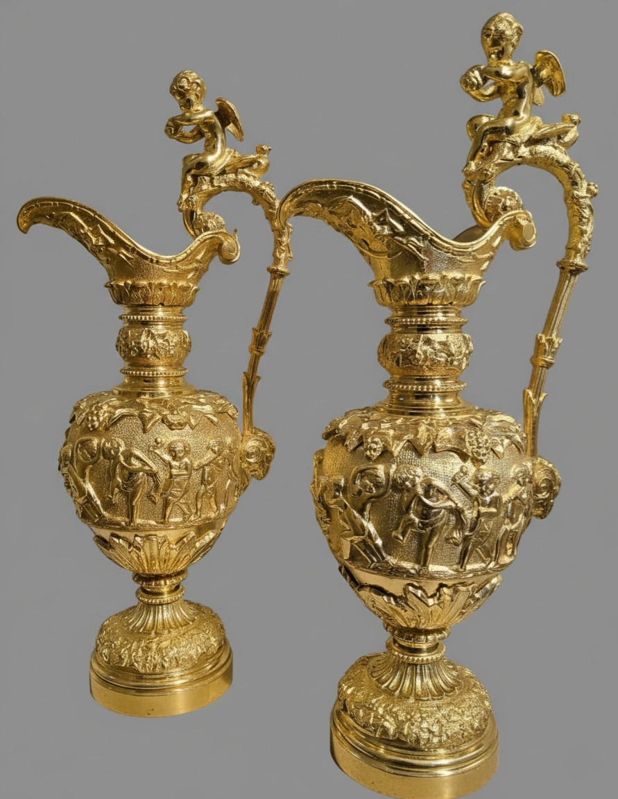 Paire d’Aiguières en Bronzes dorés figurant des scènes bacchanales d’après Clodion fin XIXéme