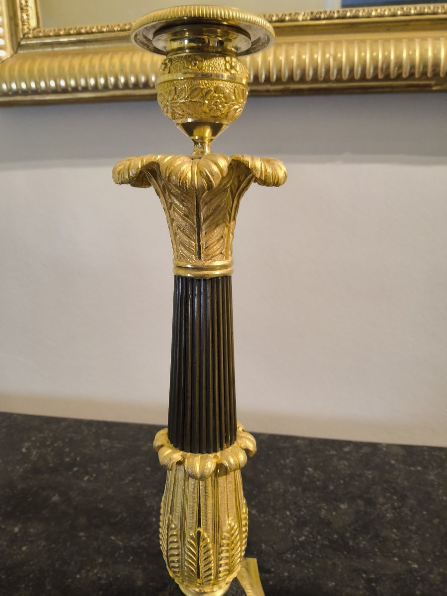 Pair Of Gilt And Patinated Bronze Candlesticks With Lion's Hocks, Early 19th Century -photo-5