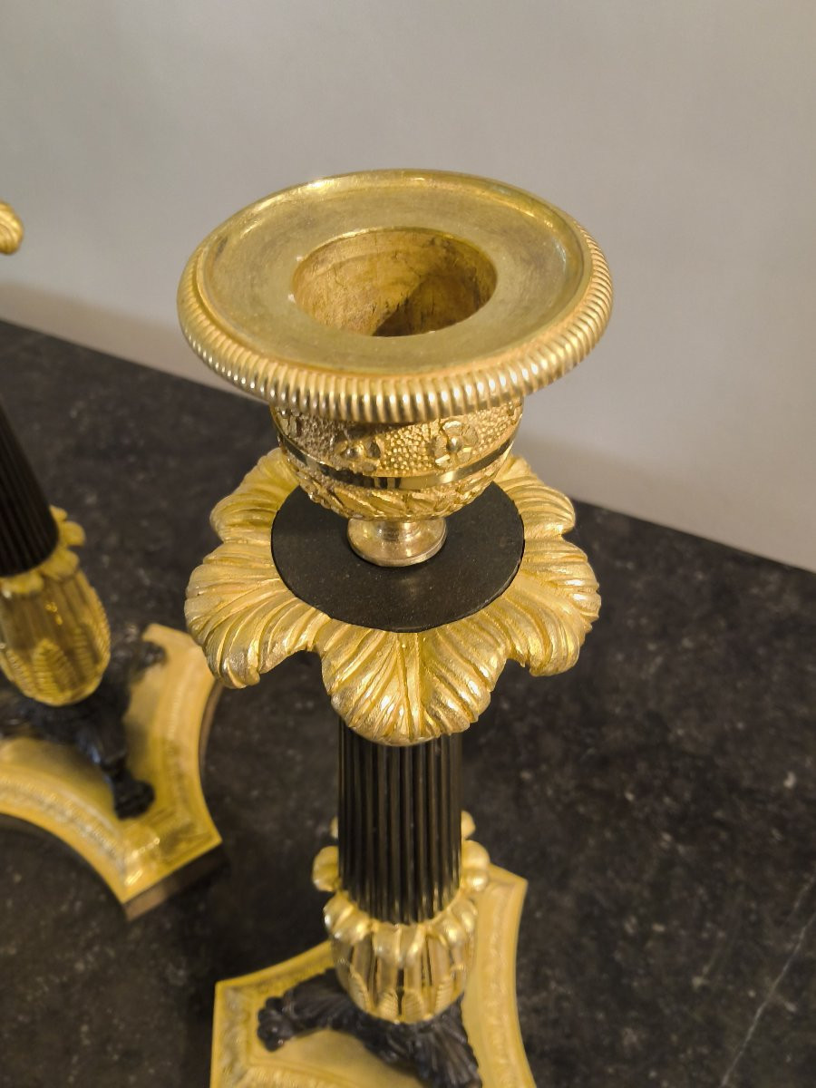 Pair Of Gilt And Patinated Bronze Candlesticks With Lion's Hocks, Early 19th Century -photo-7