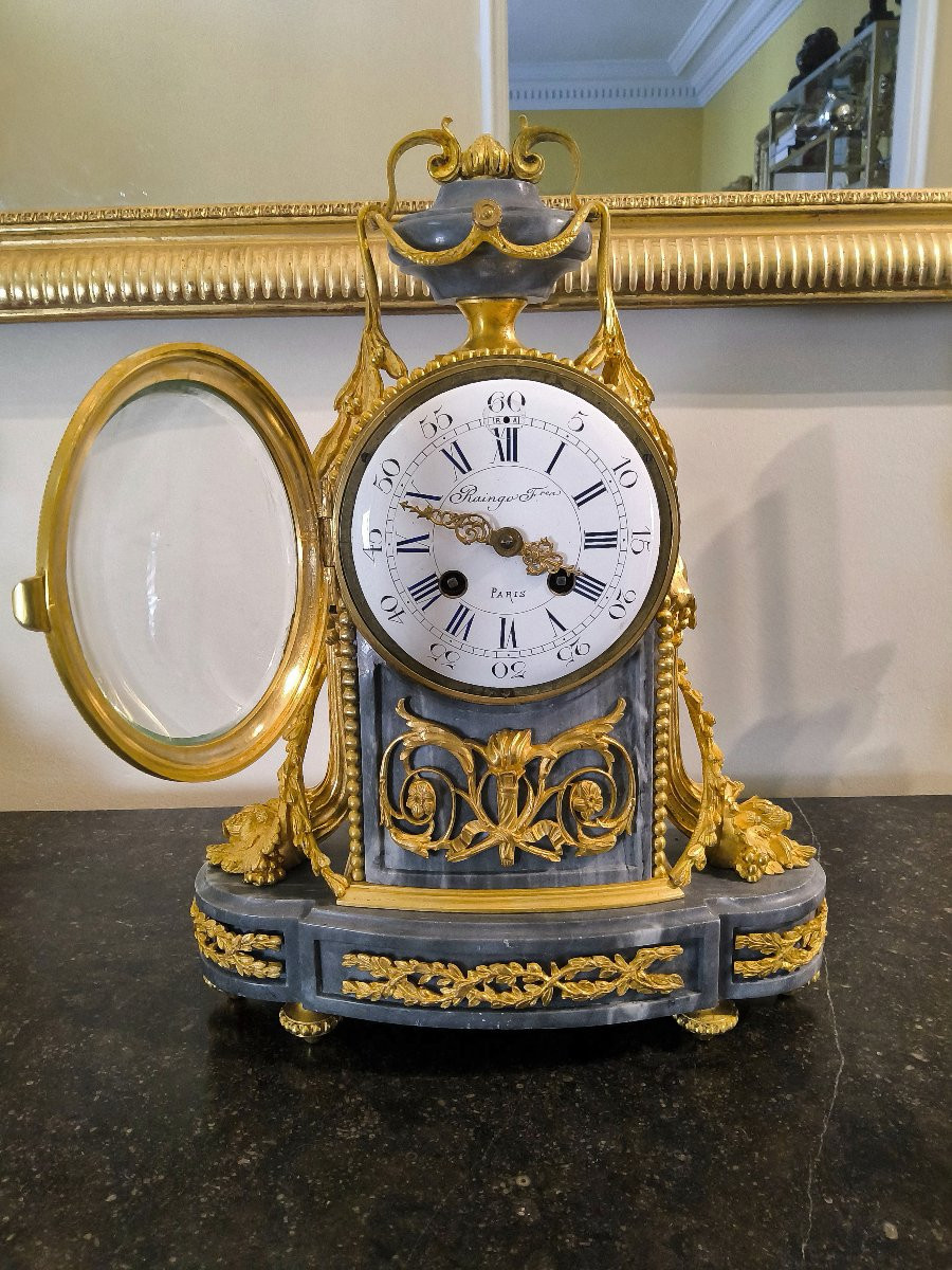 Pendule Borne style Louis XVI "Raingo Fréres" aux cornes d'abondance -Bronze et Marbre XIXéme -photo-2
