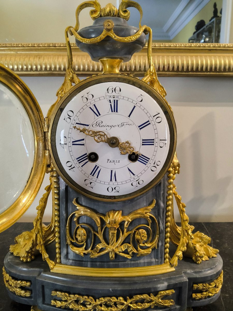 Pendule Borne style Louis XVI "Raingo Fréres" aux cornes d'abondance -Bronze et Marbre XIXéme -photo-4