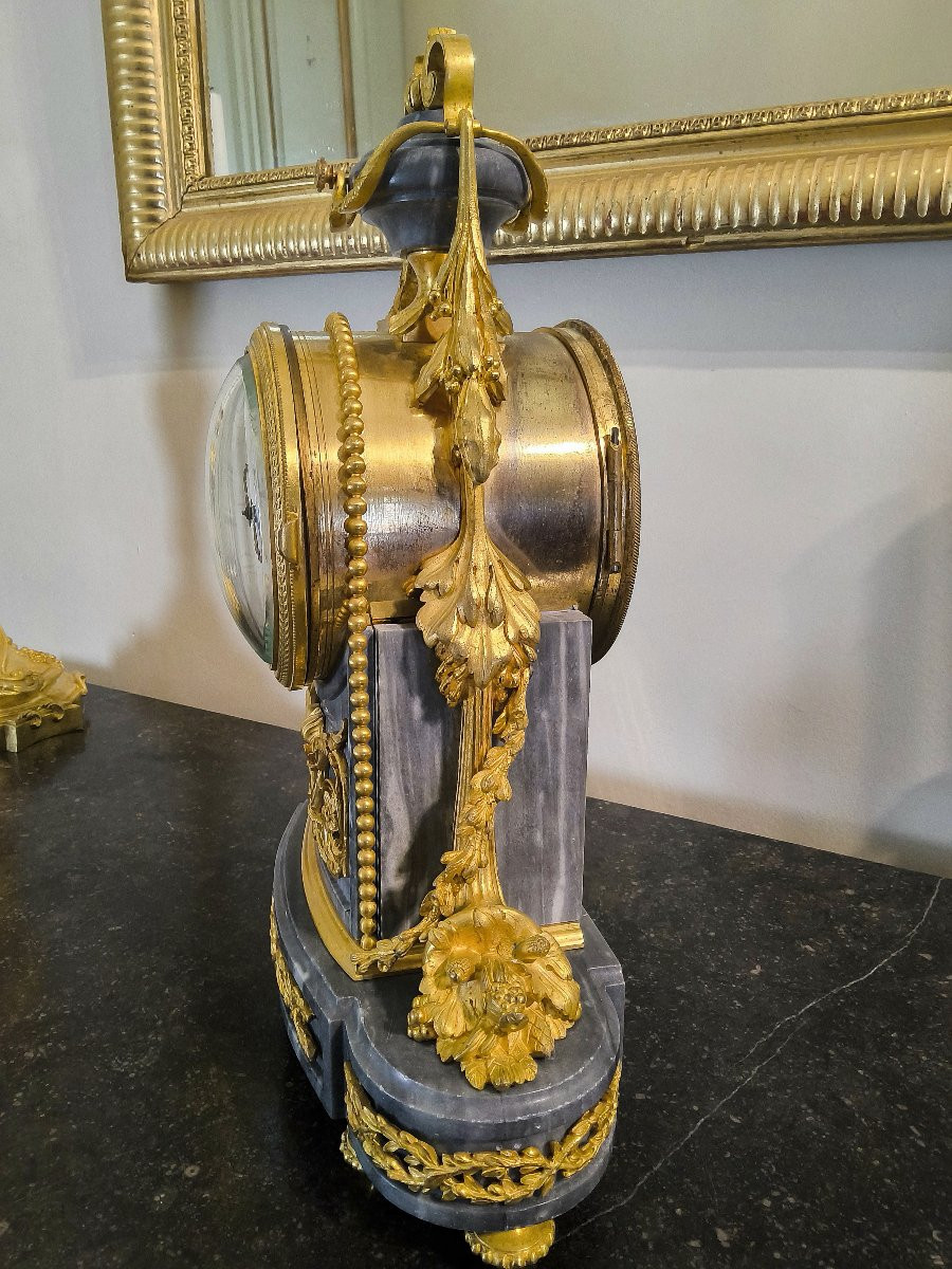 Pendule Borne style Louis XVI "Raingo Fréres" aux cornes d'abondance -Bronze et Marbre XIXéme -photo-3