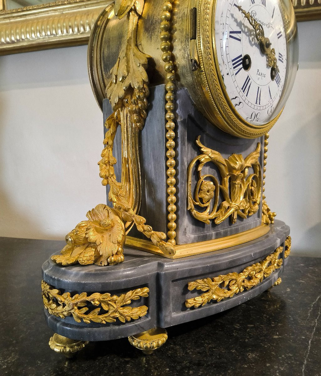 Pendule Borne style Louis XVI "Raingo Fréres" aux cornes d'abondance -Bronze et Marbre XIXéme -photo-4