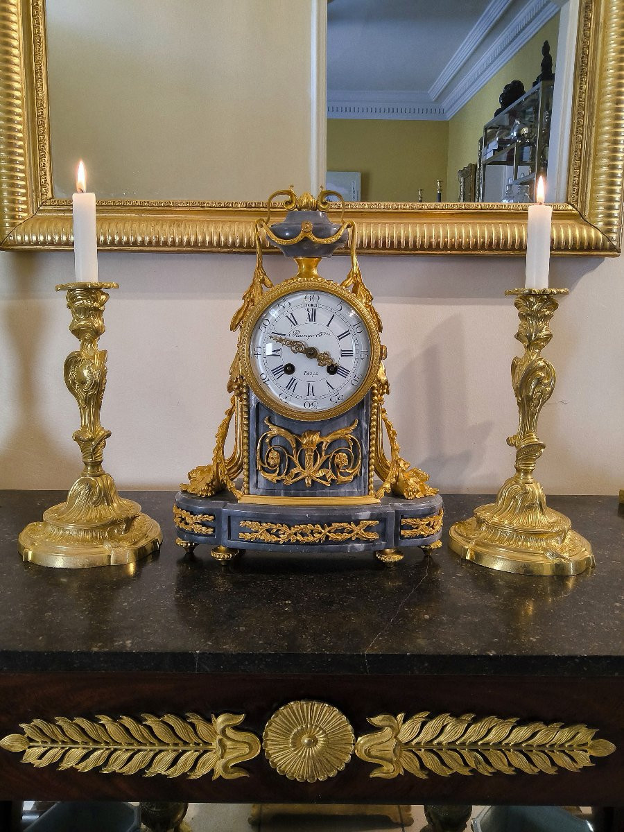 Pendule Borne style Louis XVI "Raingo Fréres" aux cornes d'abondance -Bronze et Marbre XIXéme -photo-7