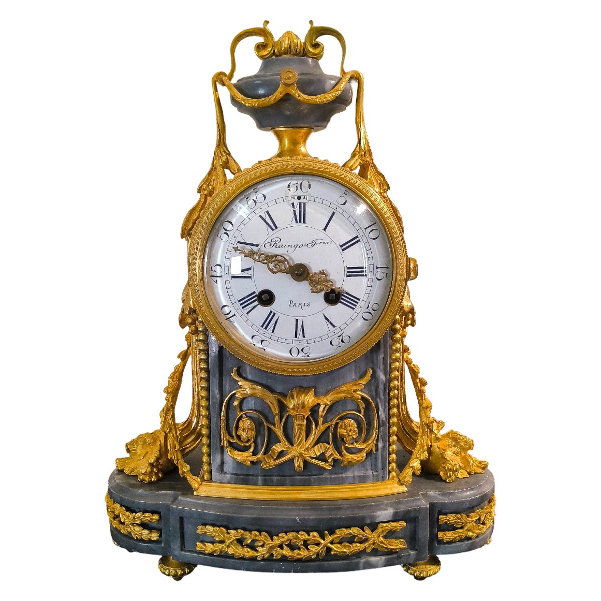 Pendule Borne style Louis XVI "Raingo Fréres" aux cornes d'abondance -Bronze et Marbre XIXéme 