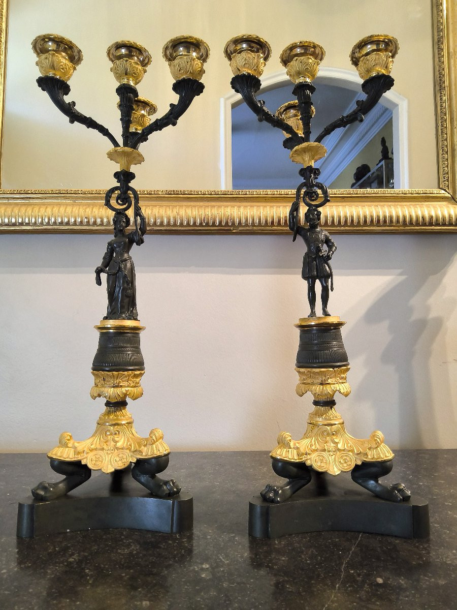 Pair Of Candelabras In Double Patina Bronzes Charles X -photo-2