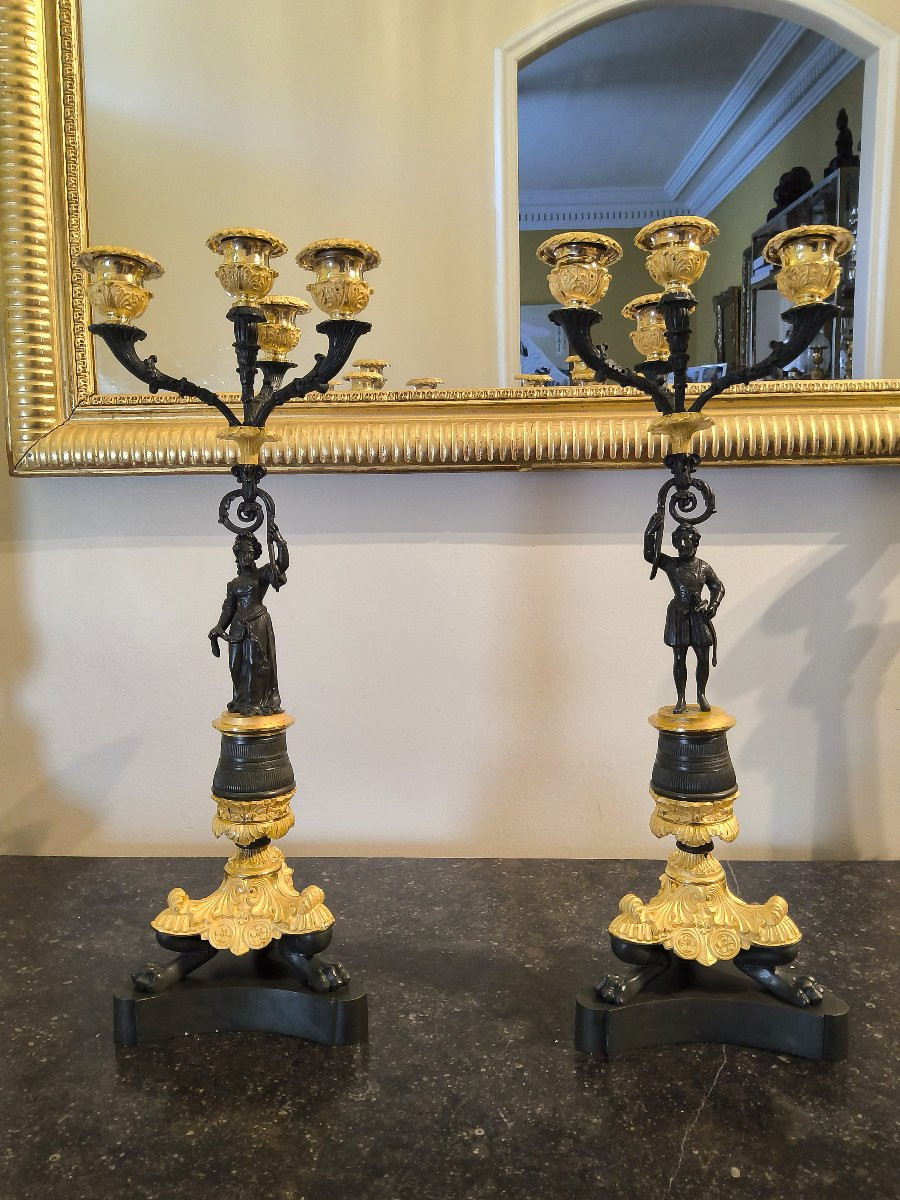 Pair Of Candelabras In Double Patina Bronzes Charles X -photo-3