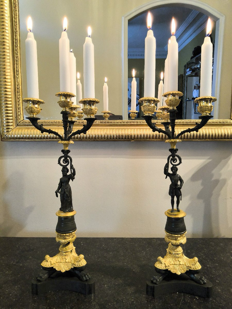 Pair Of Candelabras In Double Patina Bronzes Charles X -photo-4
