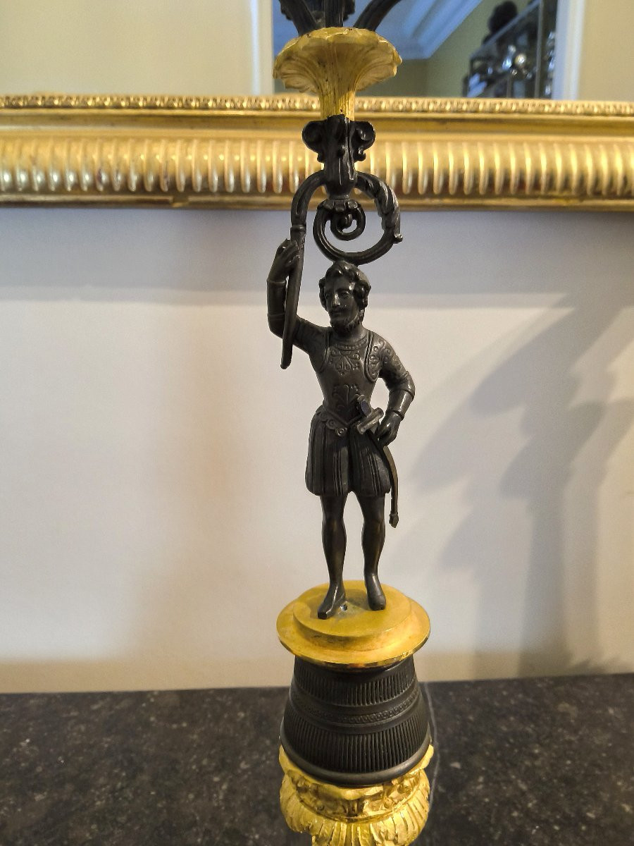 Pair Of Candelabras In Double Patina Bronzes Charles X -photo-3