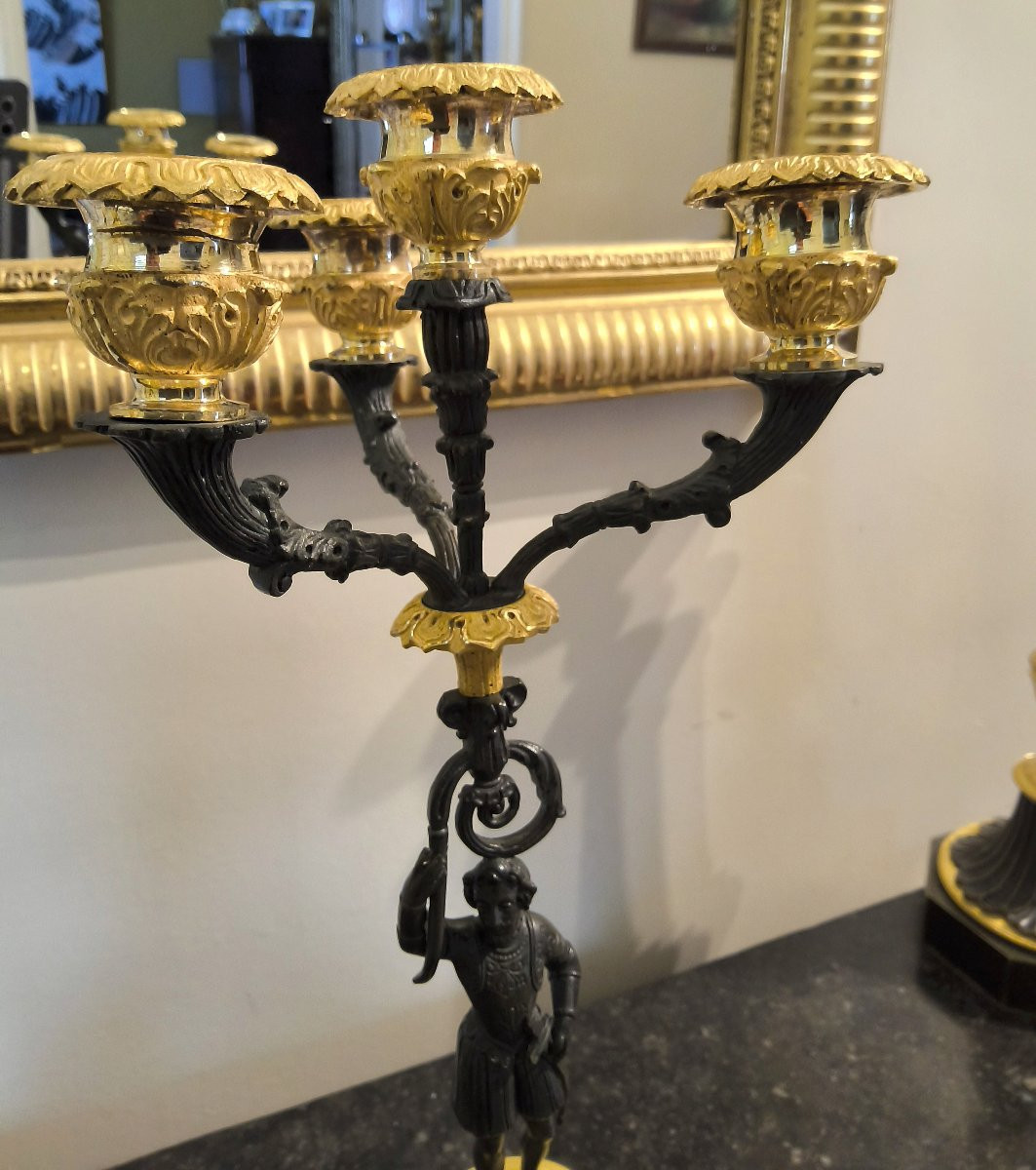 Pair Of Candelabras In Double Patina Bronzes Charles X -photo-4