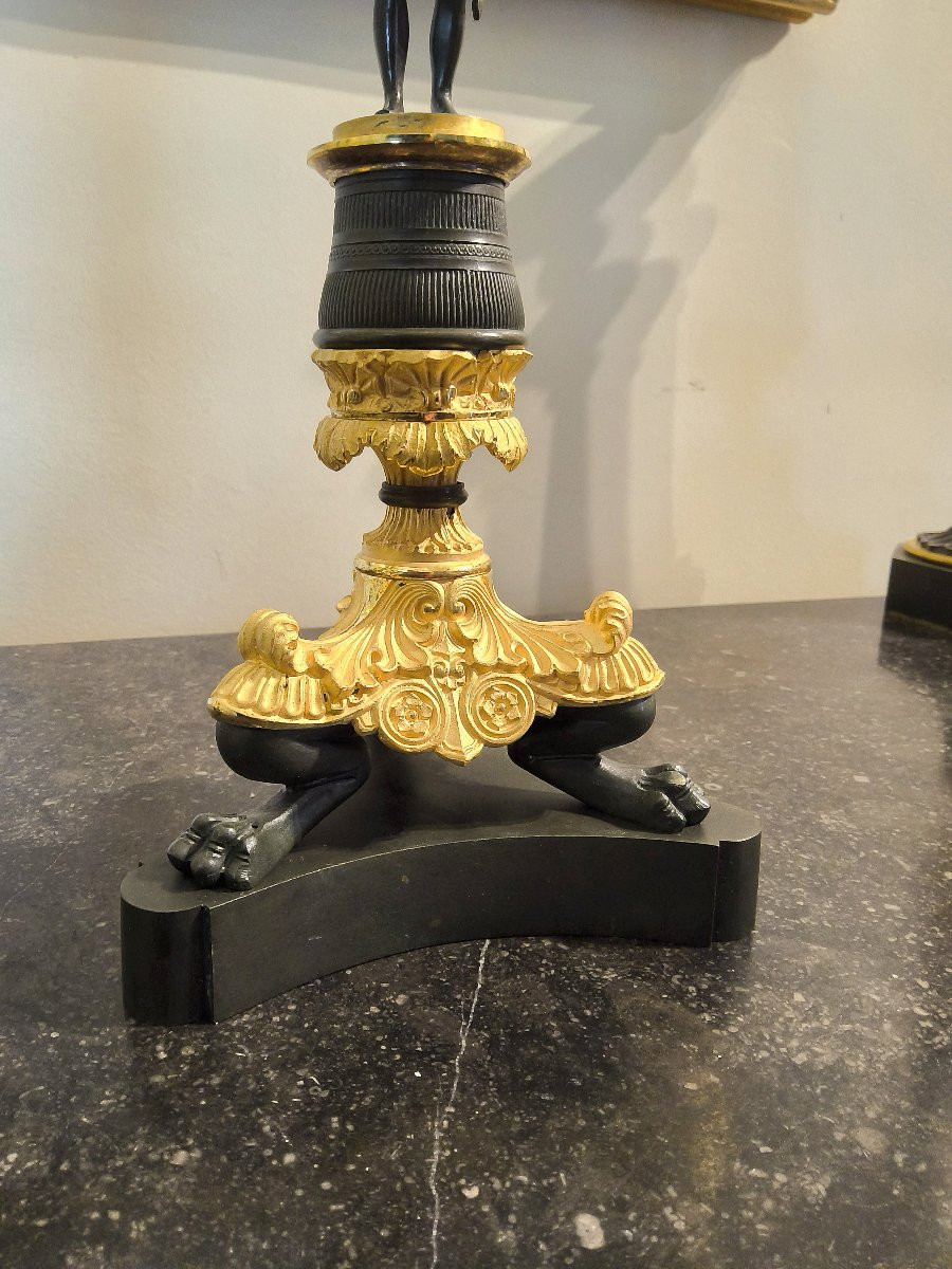 Pair Of Candelabras In Double Patina Bronzes Charles X -photo-6