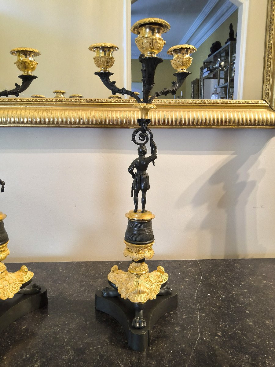 Pair Of Candelabras In Double Patina Bronzes Charles X -photo-7