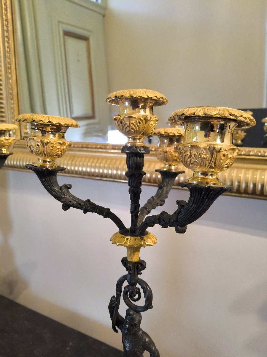 Pair Of Candelabras In Double Patina Bronzes Charles X -photo-8