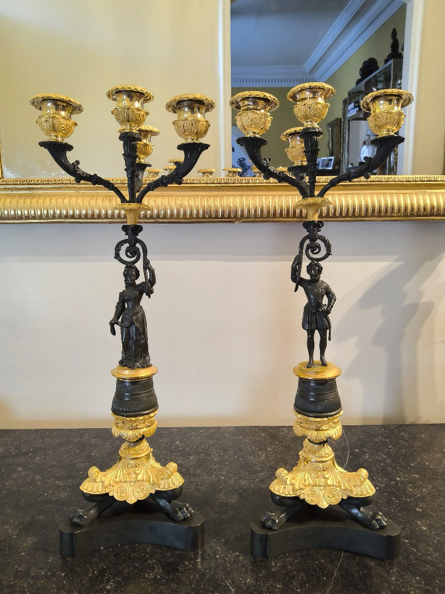 Pair Of Candelabras In Double Patina Bronzes Charles X 