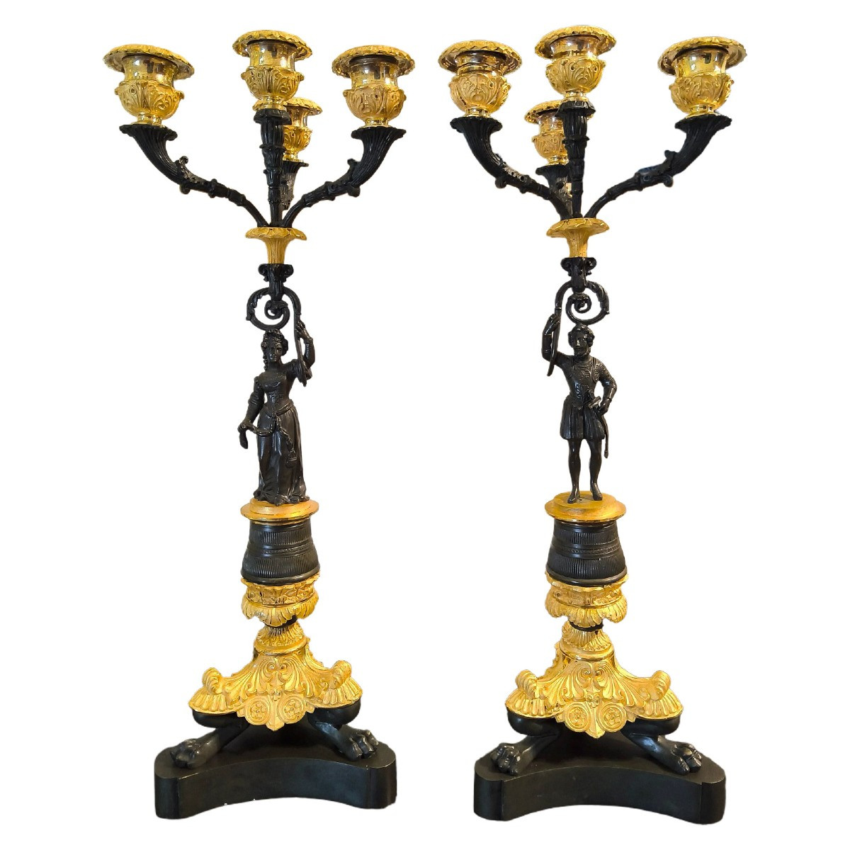 Paire de Candélabres en Bronzes double patine Époque Charles X "Renaissance" XIXe siècle.