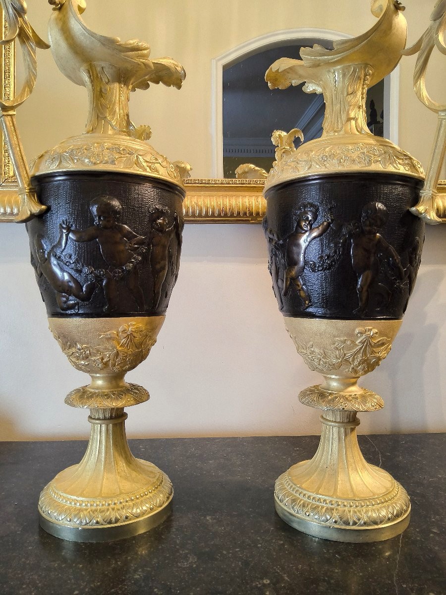 Pair Of Ewers In The Antique Style "bacchanal Of Putti And Dragons" Patinated And Gilded Bronze-photo-8