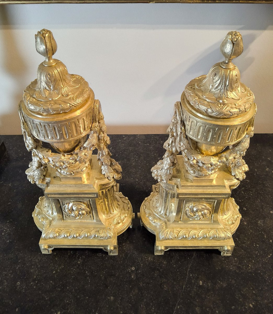 Pair Of Chased And Gilt Bronze Chenets - Louis XVI Style, 19th Century-photo-2