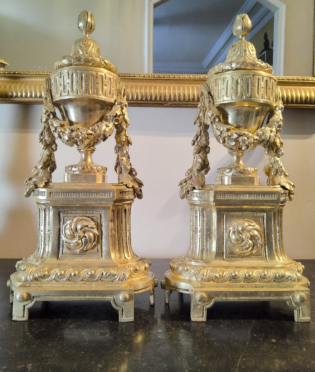 Pair Of Chased And Gilt Bronze Chenets - Louis XVI Style, 19th Century-photo-3