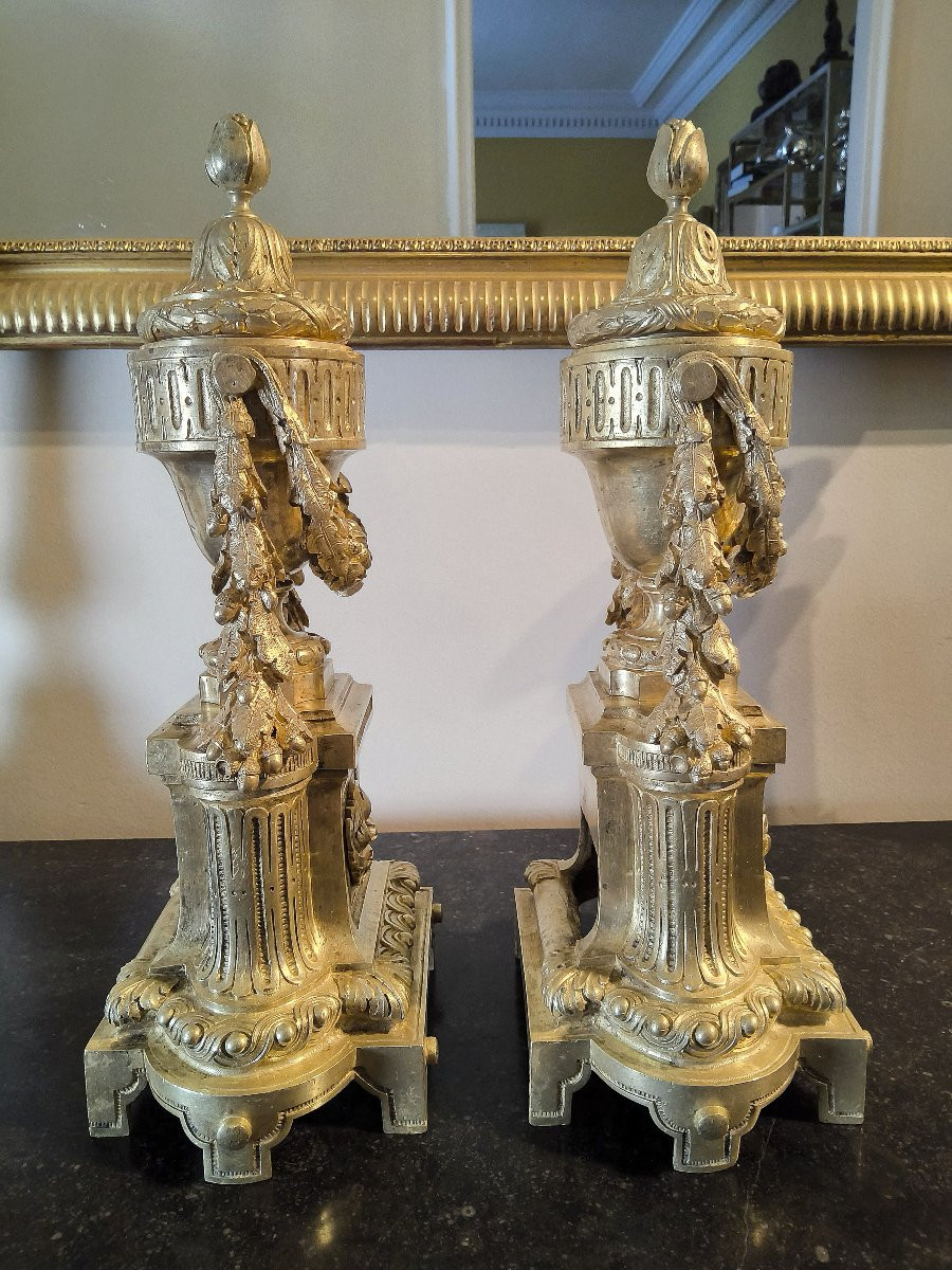 Pair Of Chased And Gilt Bronze Chenets - Louis XVI Style, 19th Century-photo-1