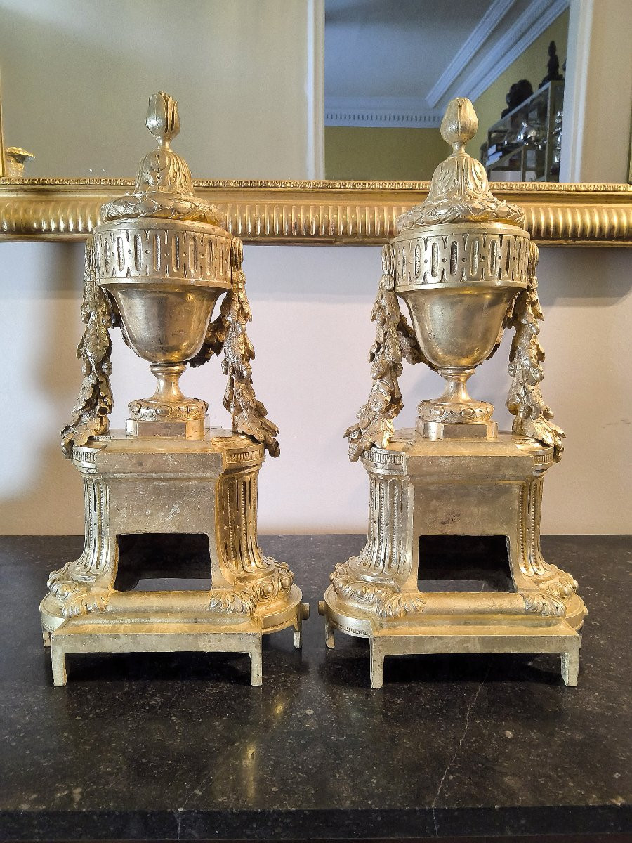 Pair Of Chased And Gilt Bronze Chenets - Louis XVI Style, 19th Century-photo-3