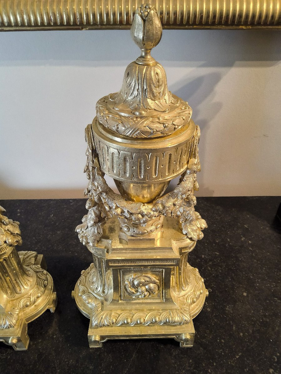 Pair Of Chased And Gilt Bronze Chenets - Louis XVI Style, 19th Century-photo-5