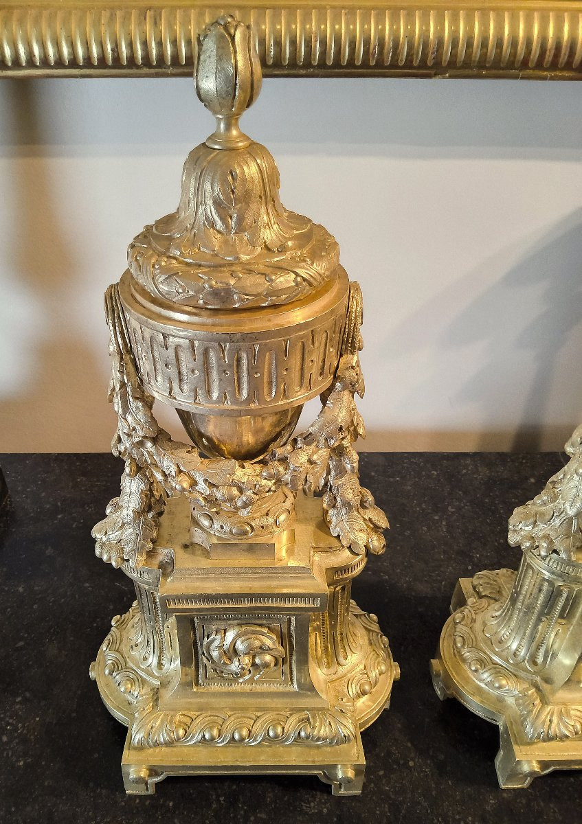 Pair Of Chased And Gilt Bronze Chenets - Louis XVI Style, 19th Century-photo-6