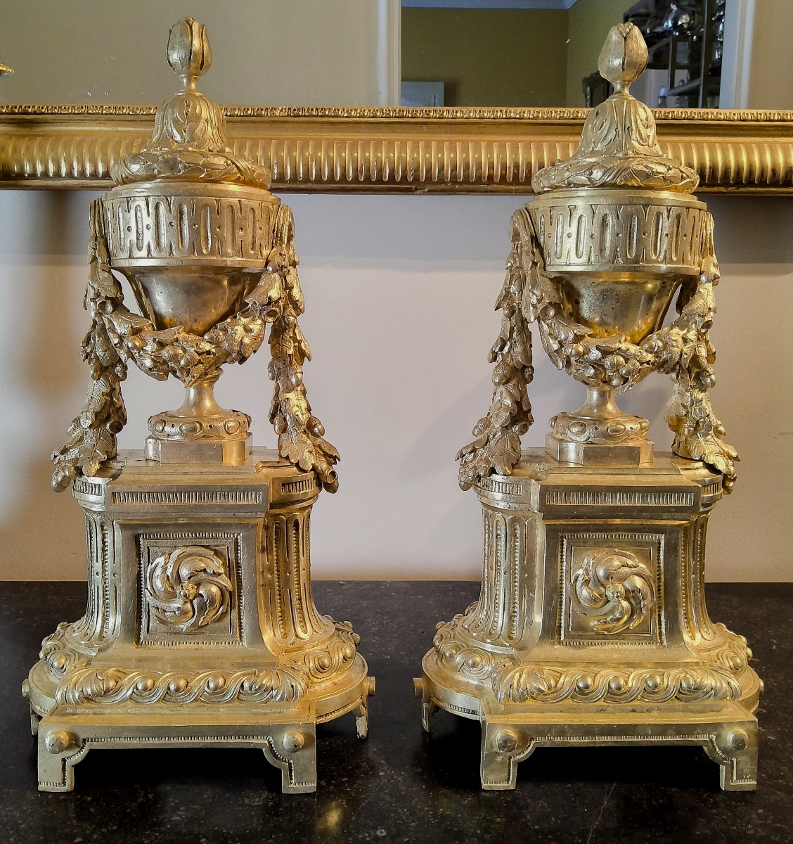Pair Of Chased And Gilt Bronze Chenets - Louis XVI Style, 19th Century