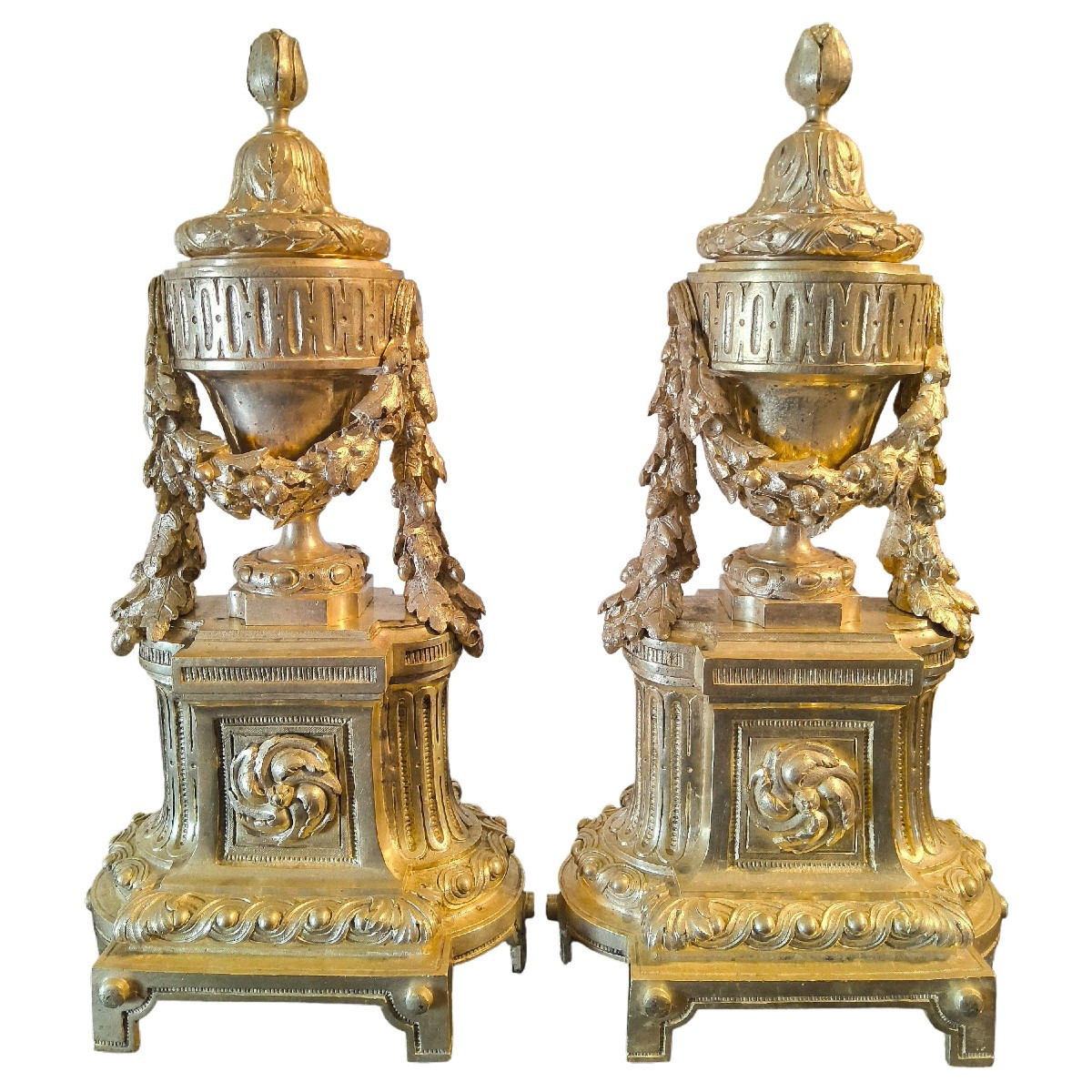 Pair Of Chased And Gilt Bronze Chenets - Louis XVI Style, 19th Century