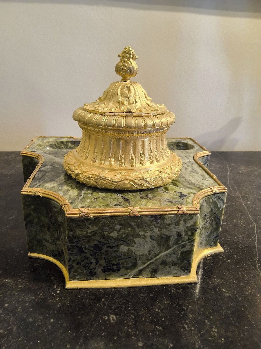 Encrier à godet en bronzes dorés- Marbre Campan Vert style Louis XVI XIXéme Paris-photo-6