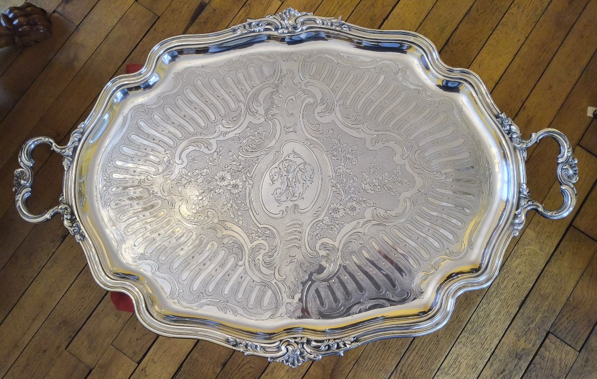 Grand Plateau en Métal Argenté Maison J.Piault Paris Style Louis XV XIXéme