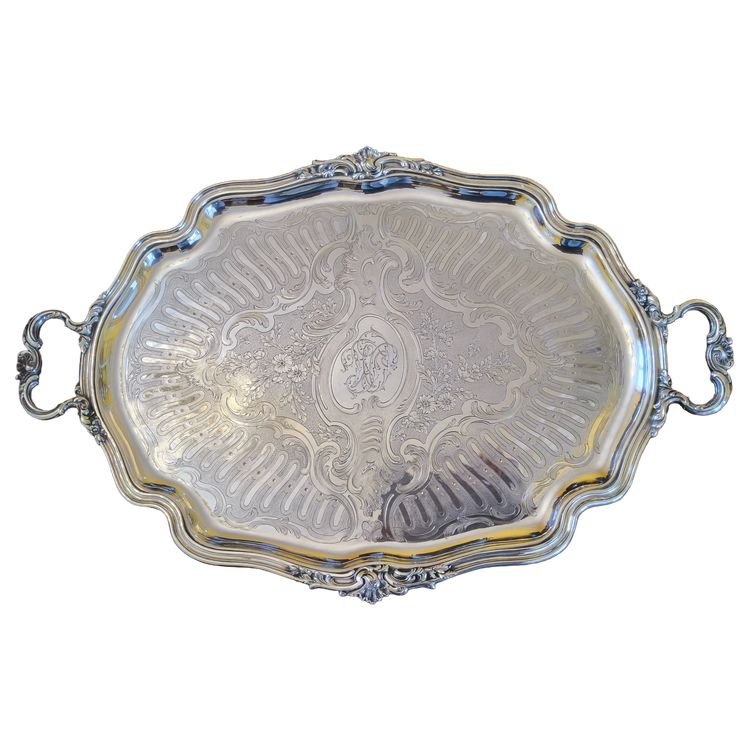 Grand Plateau en Métal Argenté Maison J.Piault Paris Style Louis XV XIXéme