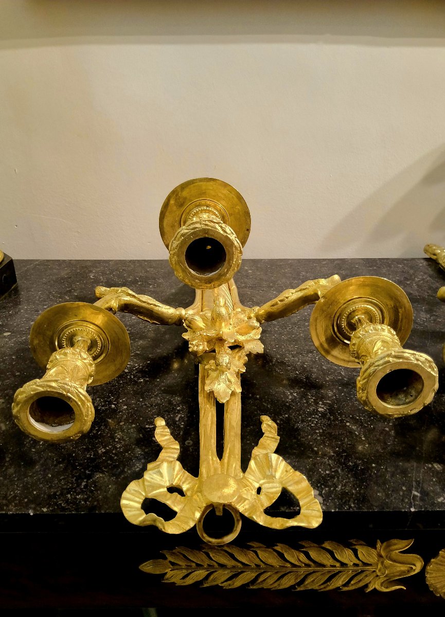 Pair Of Gilded Bronze Wall Sconces With Three Lights, Cornucopia Design, Louis XVI Style, 19th Century -photo-2